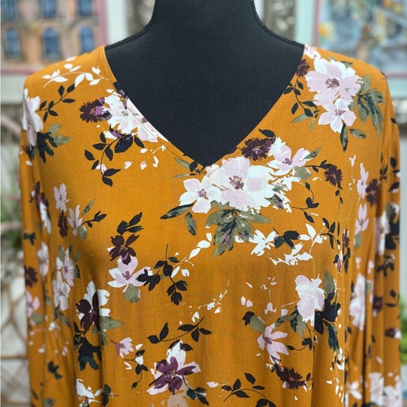 J. Jill Mustard and Peach Floral Blouse V-Neck Flare Sleeve Relaxed Tunic SZ XL - Picture 2 of 7
